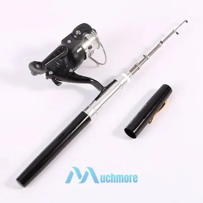 Portable Pocket Pen Shape Mini Aluminum Alloy Fishing Rod Pole With Reel Black • $18.99