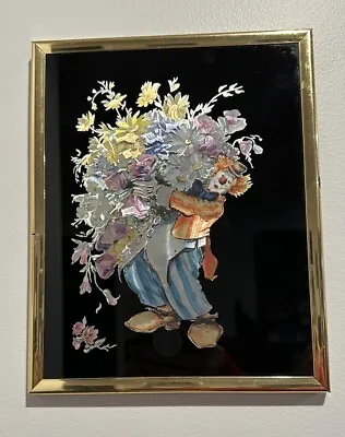 Vintage 1980 KAFKA Clown With Flowers Set Of 2 8”x10  Framed Metallic Foil • $18