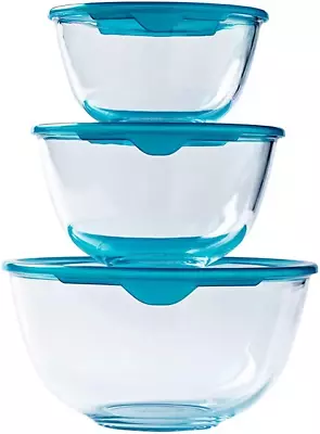 Pyrex Mixing Bowl Set With Lids 05L / 1L / 2L Litre Glass Cook & Store Set Of 3 • £24.19