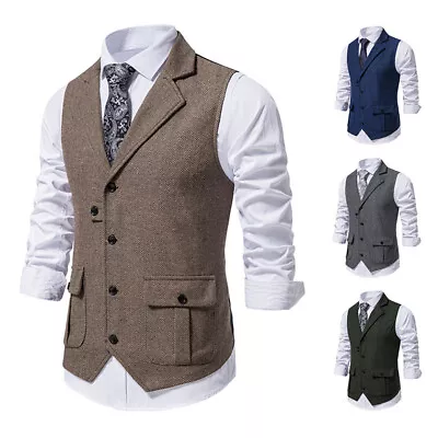 Mens Herringbone Tweed Check Wool Mix Vintage Collar Waistcoat Tailored Fit Vest • £14.99
