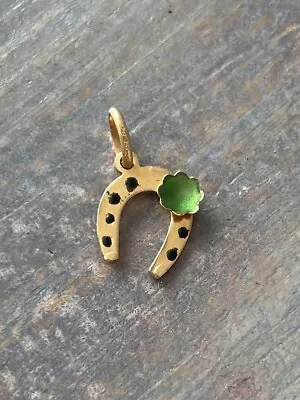 Vintage 9ct Gold Horse Shoe Holding A Clover Double Lucky Pendant Charm • £125