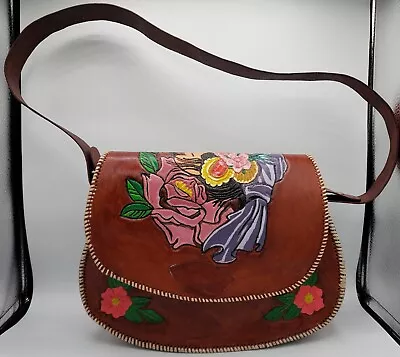 Vintage Hand Tooled Painted Leather Boho Hippie Gypsy Lady Flower Moon Bag Purse • $23.99