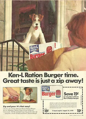 1977 Vintage Dog Food Ad Ken-L Ration Burger Dog In Window Art Schulz - 122213 • $9.99
