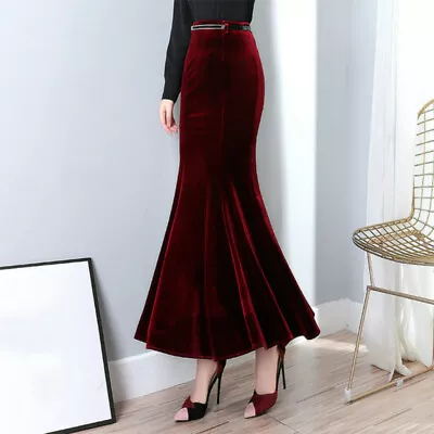 Vintage Lady Velvet Long Skirt Velour Fishtail Bodycon Formal Party Banquet Sexy • $43.69