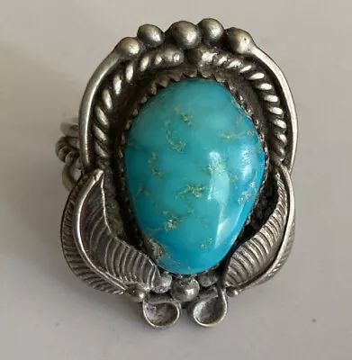 Vintage Navajo Old Pawn Sterling Silver Leaf Turquoise Ring Size 8 • $99.99