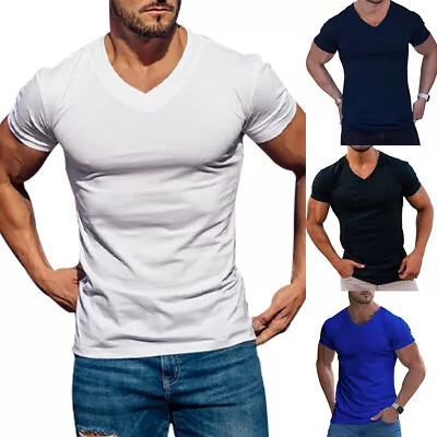 Mens V Neck Plain Short Sleeve T-Shirt Summer Slim Fit Casual Muscle Tops Tee US • $15.26