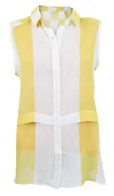 Miss Selfridge Yellow White Stripe Shirt Sleeveless Chiffon Blouse Curved Hem • £9.95