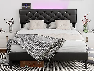 $199.99 • Buy Black Modern LED Bed Frame With Adjustable Headboard 2 USB Port, Full/Queen/King