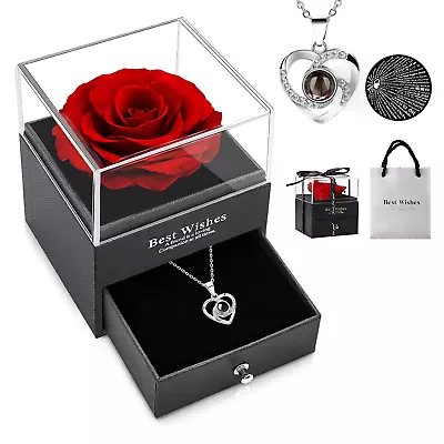 Mothers Day Gifts For Mom - Preserved Real Rose With Necklace Eternal Rose Flow • $37.33