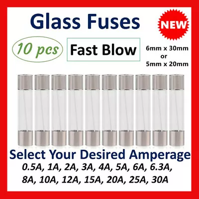10PCS Glass Fast Quick Blow Fuse 6x30mm 5x20mm 0.2~30Amp Various Amp 250V • $5.15