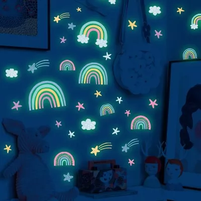 Glow In The Dark Rainbows Wall Stickers Clouds Stars Kids Room Home Decor Decals • £7.29