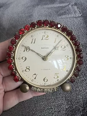 Vintage Semca Red & Clear Gems Jewel Rhinestone Jeweled Alarm Clock • $99.99
