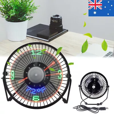 Portable 4 Inch LED USB Clock Fan Desktop Cooling Fan With Real Time Temperature • $27.89