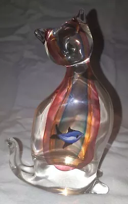 Clear Blue Orange Pink Glass Cat & White Blue Fish Paperweight • $61.93