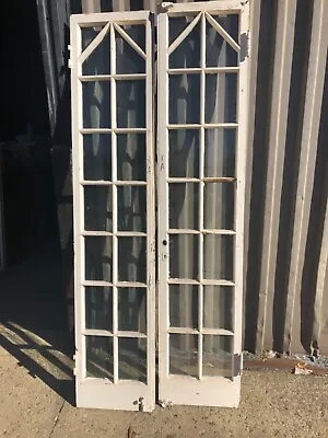 Pair Vintage French Doors Unique Mission Tudor Style 75.5 X 16 X 1.5” Old Glass • $895