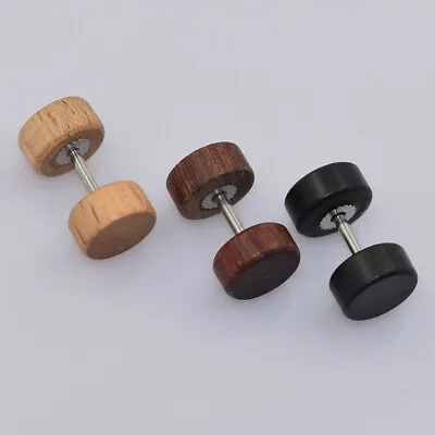 2 Pair Wood Fake Cheater Illusion Ear Plug Flesh Tunnel Stretch Expander Earring • £4.69