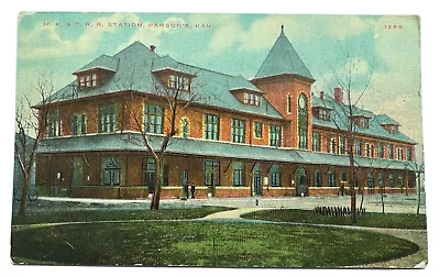 1911 Post Card M K & T RR STATION PARSONS KANSAS Train Depot S H Kress & Co A4 • $9.95