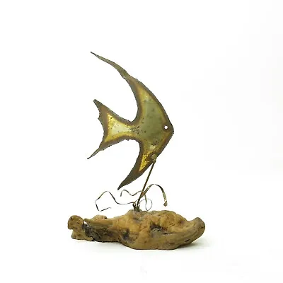 Vintage 70's Brutalist Metal Torch Cut Fish Sculpture Burl Wood Base • $19.99