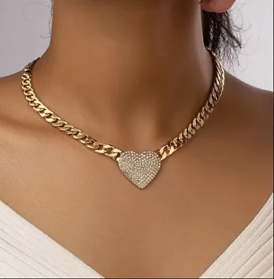 Gold Heart Pendant Necklace Chunky Chain Clavicle Sparkling Heart For Women • £6.99