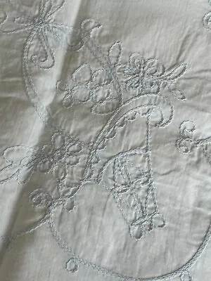 VTG Card Table Tablecloth Embroidered Floral White Light Blue Scalloped Cotton • $25