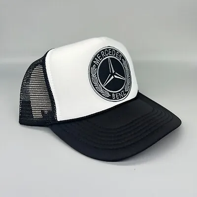 New Mercedes Benz Black White Hat 5 Panel High Crown Trucker Snapback Vintage • $25.95