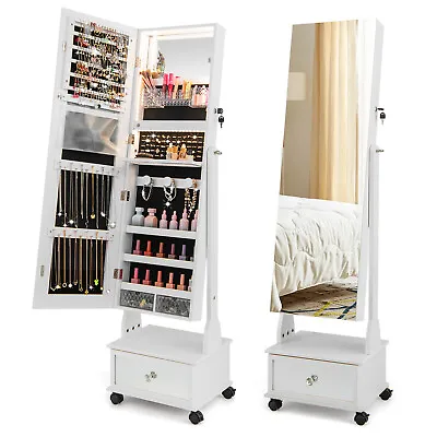 Jewelry Cabinet Armoire Full-Length Mirror Lockable W/ 3-Color LED Lights White • $149.98