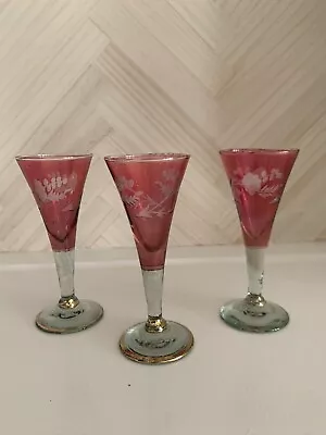 Vintage Mini Wine/Shot/Aperitif Glasses Cranberry/Gold Accent • $18