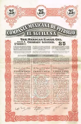 MEXICO MEXICAN EAGLE OIL COMPANY 25 SH Stock Certificate/ Bond W/COUPONS • $24.99