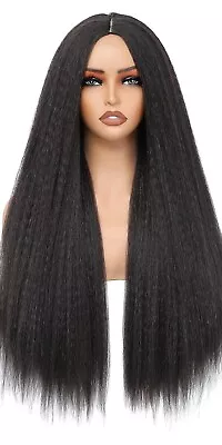 Black Straight Central Crease Wig Natural Feeling Long Hair 24 Inch • $27.90