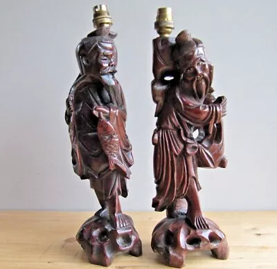 Pair Of Japanese Carved Wood Figures - Antique / Vintage Table Lamps  • £75