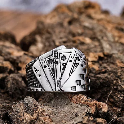 Mens Biker Casino Lucky Poker Ring Jewelry Men Stainless Steel Gift Size 7-15  • $7.99