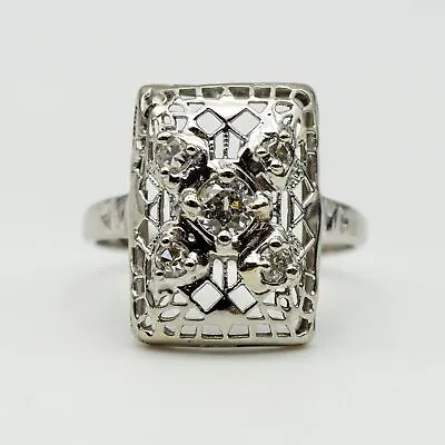 Antique Art Deco 18K White Gold Filigree Diamond Rectangular Engagement Ring 4.5 • $299.99