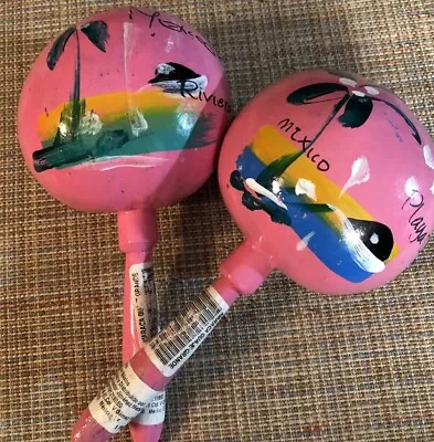 Vintage Mexican Maracas Hot Pink Gourds Pair Rumba Shakers Handmade Hand Painted • $18.77