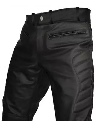 Men Real Black Leather Motorcycle Bikers Pants Jeans Trousers • $104.99