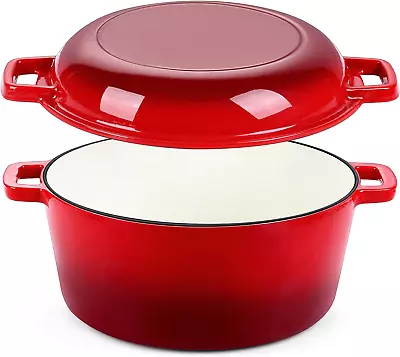 Red Enameled Dutch Oven Pot For Bread Baking P&P CHEF 2 In 1 Round 5Qt Cast Iron • $64.98