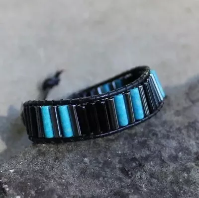 Men's Turquoise Riverstone Hemalyke And Blackstone Beaded Leather Wrap Bracelet • $32