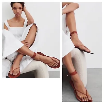 $36.95 • Buy Zara Strappy Low Heel Leather Sandals Size 8.5 EU 39 Cognac Brown