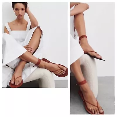 $36.95 • Buy Zara Strappy Low Heel Leather Sandals Size 8.5 EU 39 Cognac Brown