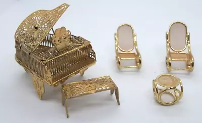 Vintage Dollhouse Gold Piano Rocking Chairs Miniature Furniture Filigree Gold • $13.56