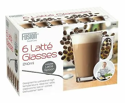 6 X 240ml Latte Glasses Tea Coffee Cappuccino Glass Cups Hot Drink Mugs W Spoons • £11.49