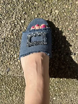 NWT Vince Camuto Women Denim Blue Sandals 9 Rhinestone Buckle 👖 • $25