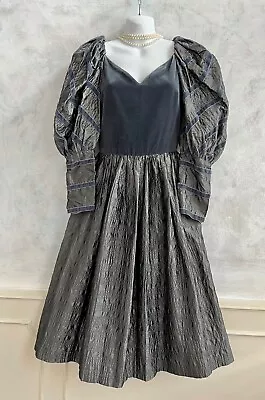 Vintage RETY Grey Blue Velvet Medieval Style Mutton Sleeve Occasion Dress 8 • £249