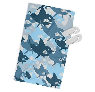 Angry Shark Pattern MICROFIBRE BEACH TOWEL Designer Blue • £22.99