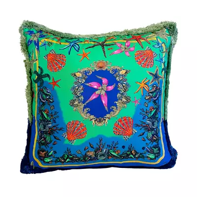 Versace Tresor De La Mer Blue Green Seashell Print Silk Pillow Cushion • $285