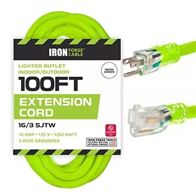 100 Ft Neon Green Extension Cord- 16/3 Lighted Outdoor High Visibility - 3 Prong • $52.99