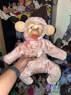 Vintage Pink Rubber Face Monkey Plush • $25