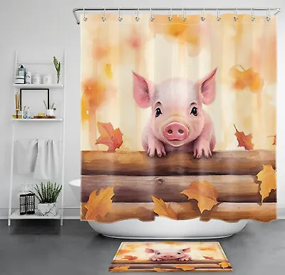 Orange Maple Leaf Farm Animal Pig Fall Shower Curtain Bathroom Accessories Set • $44