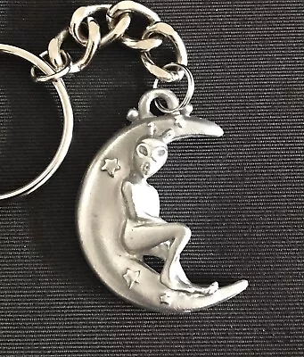 Solid Pewter Crescent Moon Stars Swinging Alien   UFO Space Keychain Y • $7.95