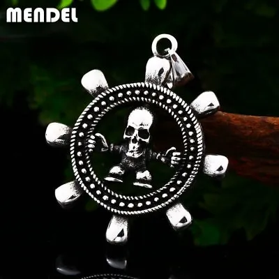 MENDEL Stainless Steel Mens Biker Skull Ship Wheel Pendant Necklace Jewelry Men • $11.99