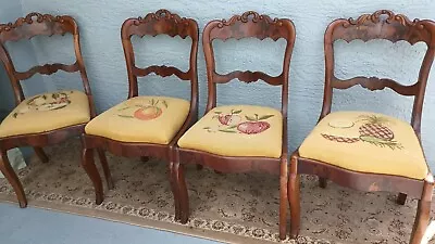 Set 4 Burlwood Walnut Dining Room Chairs Updated Fruit Hand Embroidered Seats • $550